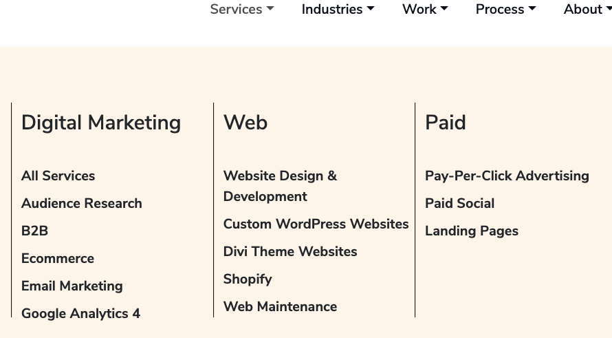 A website navigation menu displays three columns—Digital Marketing, Web, and Paid—each outlining services like email marketing, website design, Shopify, PPC advertising, and Google Analytics 4 to create a clear website structure.